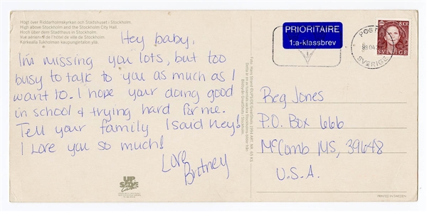 Britney Spears 1998 Tour Handwritten & Signed Post Card to Boyfriend Reg Jones