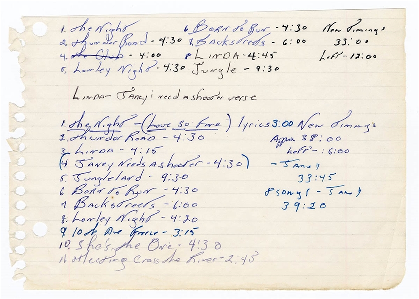 Bruce Springsteen Original "Born To Run"  Handwritten Set List from the Collection of Mike Appel