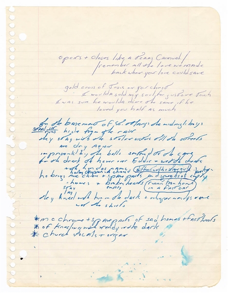 Bruce Springsteen "Linda Let Me Be The One" Handwritten Working Lyrics Circa 1975