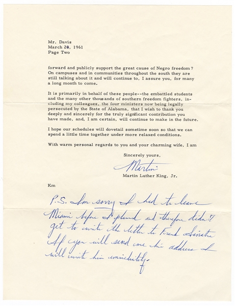 Martin Luther King Signed With a Lengthy Handwritten Postscript Historical Letter to Sammy Davis, Jr.