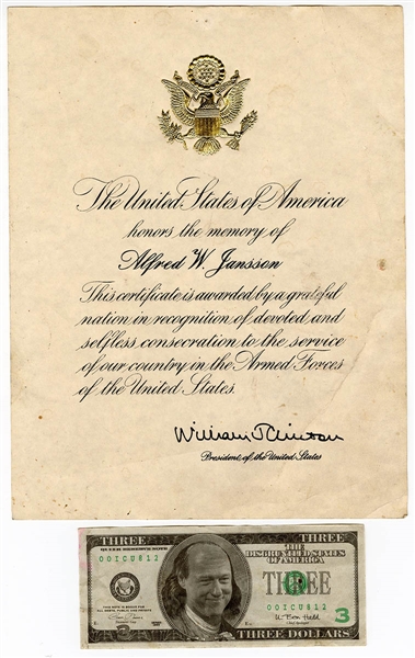 President William Clinton Recognition of Armed Service Print and Three Dollar Bill Print 
