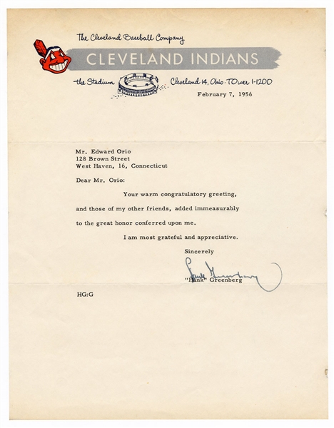 Hank Greenberg Signed Cleveland Browns Letter JSA Authentication