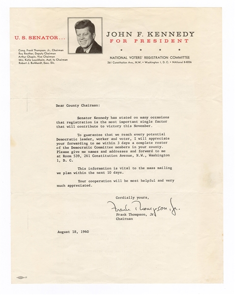 John F. Kennedy For President Letterhead Signed by Frank Thompson, Jr.