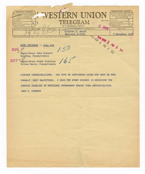 John F. Kennedy Original 1959 Senatorial Western Union Telegram 