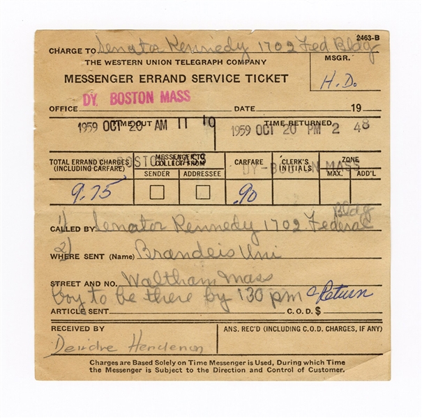 John F. Kennedy Original 1959 Western Union Messenger Errand Service Ticket