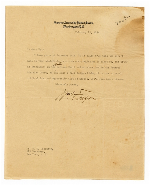 William H. Taft Supreme Court Justice Signed Letter Beckett LOA