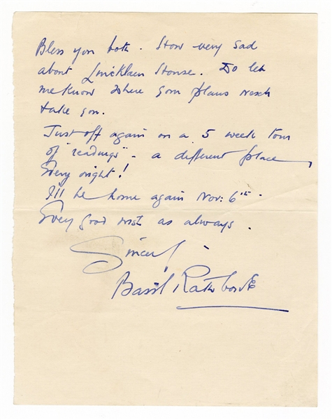 Basil Rathbone Signed Handwritten Letter JSA LOA