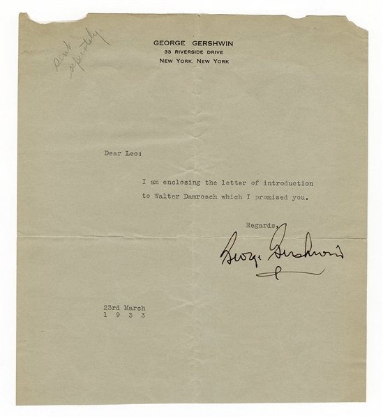 George Gershwin Signed Letter JSA LOA