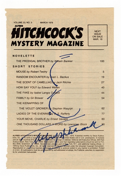 Alfred Hitchcock Signed Hitchcocks Magazine Page with Sketch JSA LOA