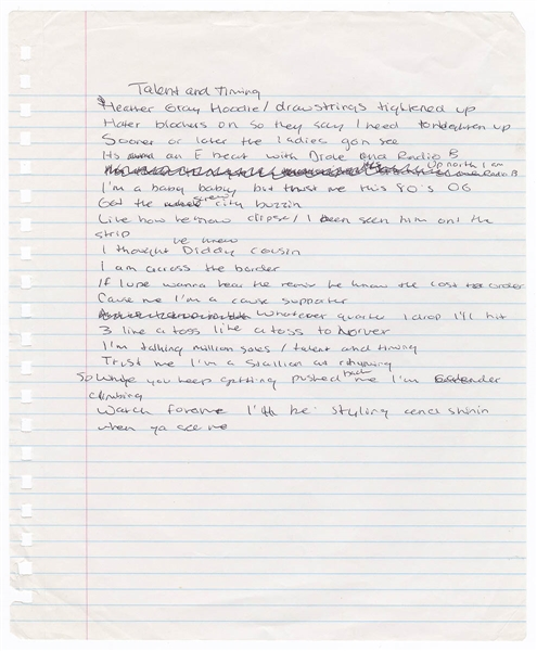 Drake Handwritten "Talent and Timing" Unreleased Lyrics Beckett LOA