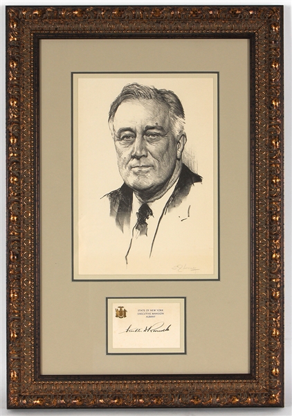 Franklin D. Roosevelt Signed New York Executive Mansion Signature Card with Original Portrait Sketch JSA L:OA