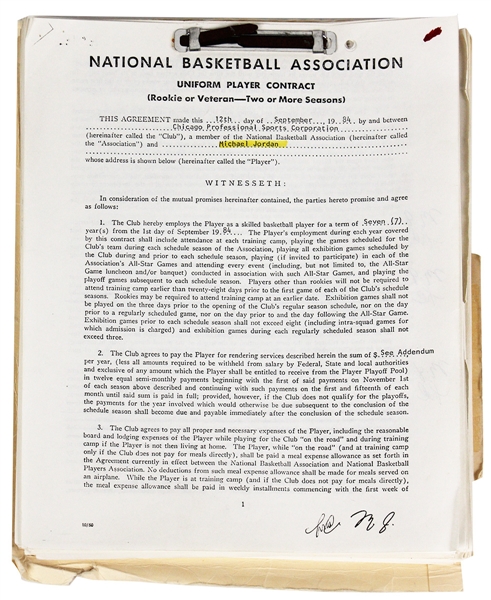 Michael Jordan’s September 12, 1984 Annotated File Copy Rookie Contract Plus His 1988 Contract Signed or Initialed Over 55 Times