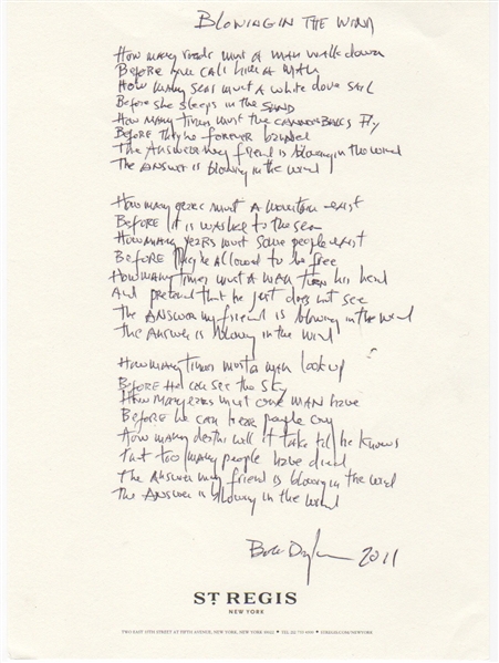 Bob Dylan Handwritten & Signed "Blowin in the Wind" Lyrics from the Collection of Bob Dylan