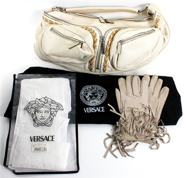 Spice Girls Victoria Beckhams Owned Versace Cream Leather Biker Handbag and Gloves