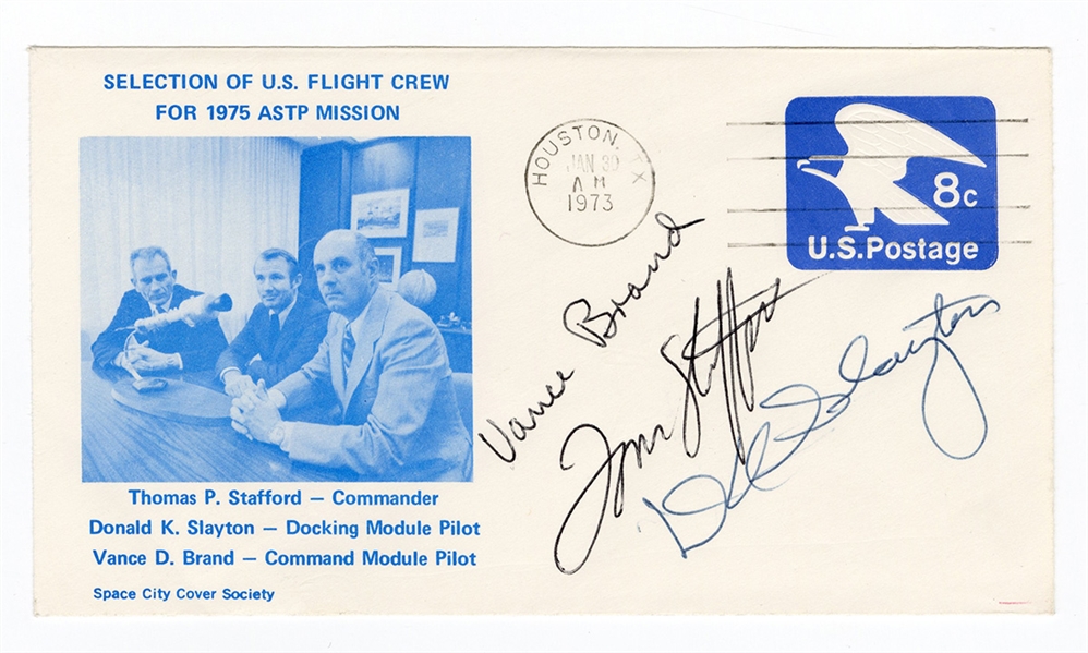 Apollo-Soyuz Crew Signed Space Flight Cachet Envelope JSA