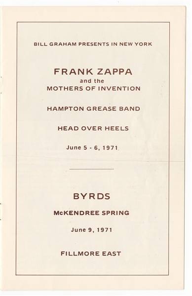 Frank Zappa, The Byrds Original 1971 Fillmore East Concert Program