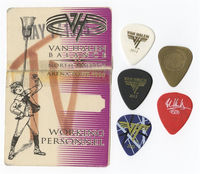 Eddie Van Halen Stage Used Guitar Picks and Backstage Pass