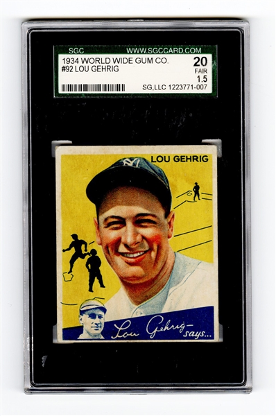 1934 World Wide Gum Co. #92 Lou Gehrig SGC 20 Fair 1.5