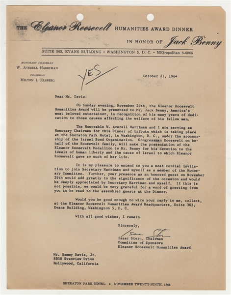 Sammy Davis, Jr. Invitation Letter for Jack Benny Eleanor Roosevelt Humanities Award Letter Signed by Isaac Stern
