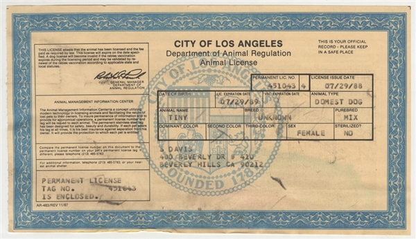 Sammy Davis, Jr.s Personal City of Los Angeles Animal License
