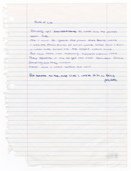 Drake "Facts of Life" Handwritten Lyrics Beckett