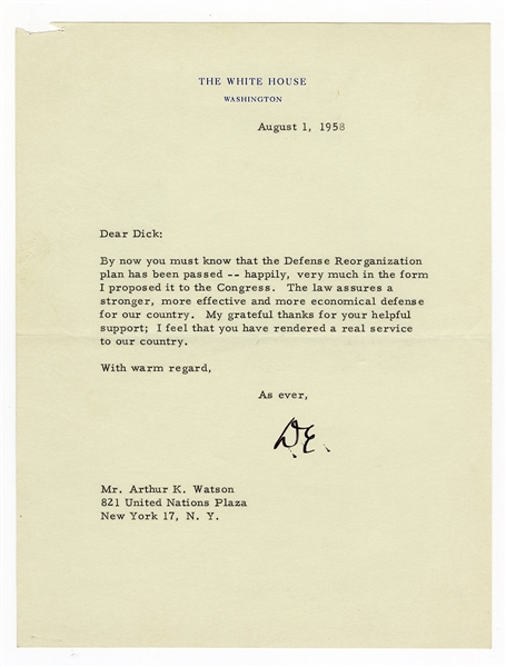 President Dwight Eisenhower Signed Letter JSA