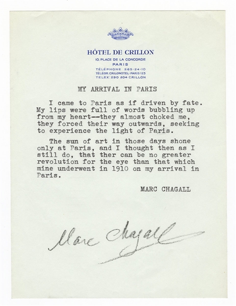 Marc Chagall Signed Typed Poem JSA