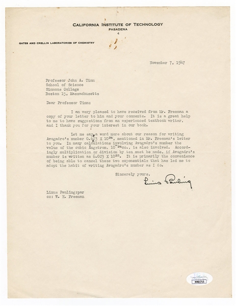 Linus Pauling Signed Typed Letter JSA