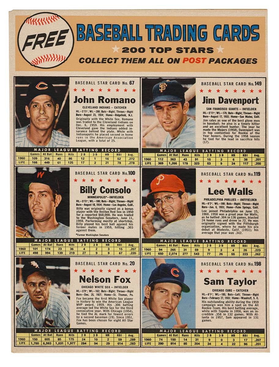 Lot Detail Post Baseball Panel Post Cereal Uncut Panel Six