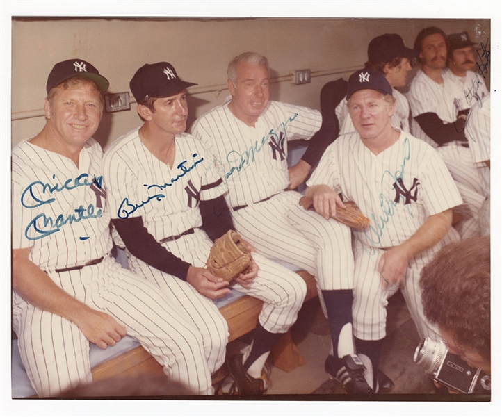 New York Yankees Old Timers Mickey Mantle Joe DiMaggio Billy Martin Signed Photograph JSA