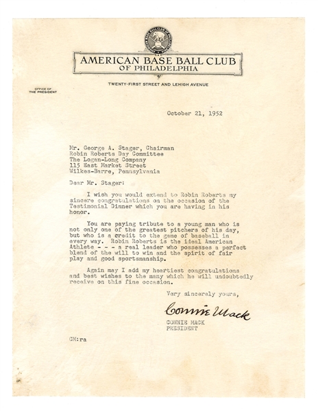 Connie Mack Signed "Robin Roberts Day" Letter