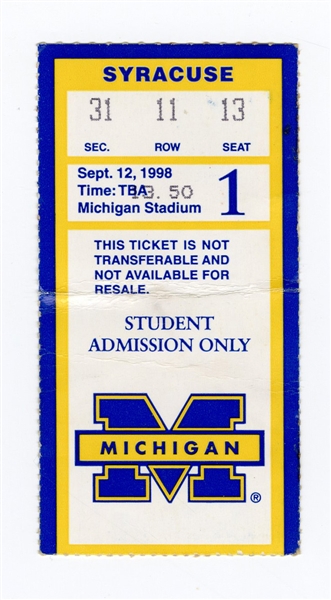1998 Michigan vs. Syracuse Ticket Stub - Tom Bradys First Collegiate Touchdown