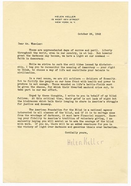 Helen Keller Signed Letter