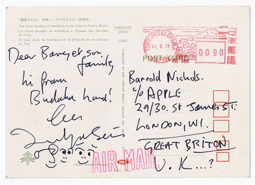 John Lennon Handwritten & Signed Postcard with Drawings