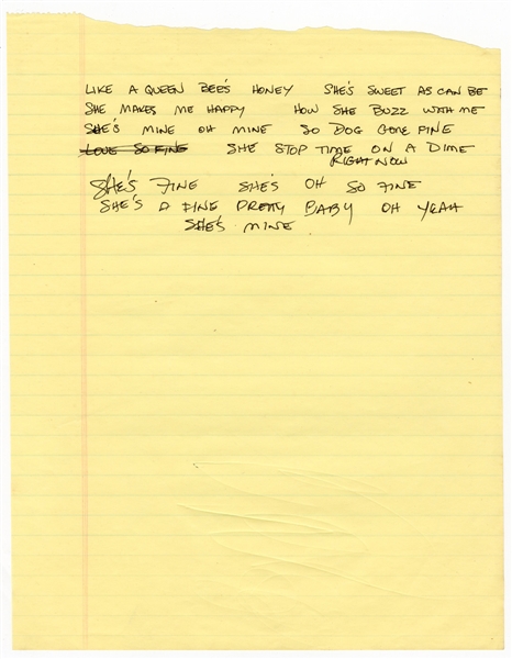 Stevie Ray Vaughan Handwritten "Honey Bee" Working Lyrics 