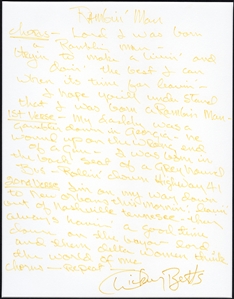 The Allman Brothers Band Dickey Betts Handwritten and Signed “Ramblin’ Man” Lyrics (REAL)