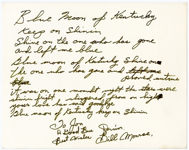 Bill Monroe Handwritten, Signed and Inscribed, “Blue Moon of Kentucky” Lyrics