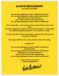 Arlo Guthrie Signed “Alice’s Restaurant” Lyric Sheet