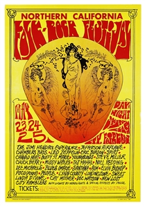 Northern California Original Folk-Rock Festival Original Concert Poster Featuring Hendrix and Zeppelin 1968