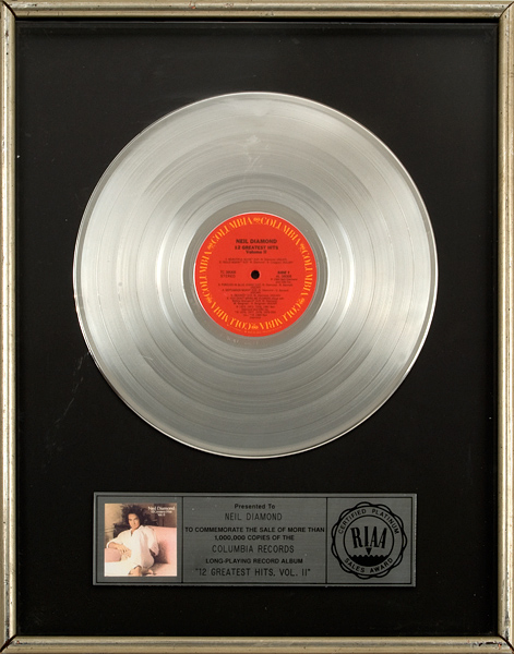 Neil Diamond "12 Greatest Hits Volume II" RIAA Platinum Album Award