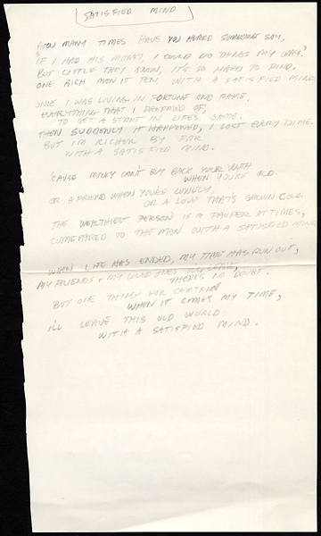 Lindsey Buckingham "Satisfied Mind" Handwritten Lyrics