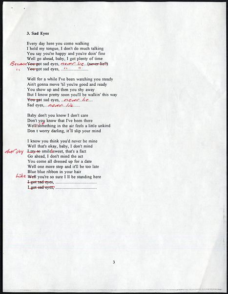 Bruce Springsteen Sad Eyes" Hand-Annotated Lyrics