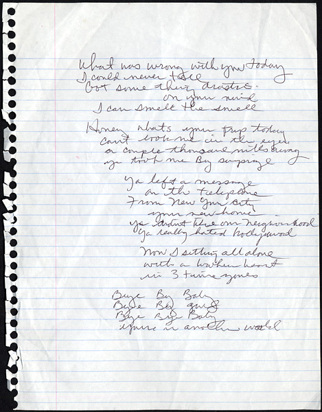 Alice Cooper Handwritten "Bye Bye Baby" Lyrics