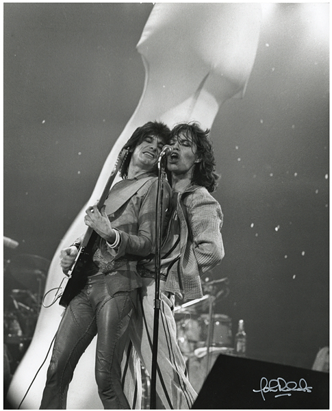 Mick Jagger and Ron Wood 1975 Vintage Photograph Signed by John Rowlands