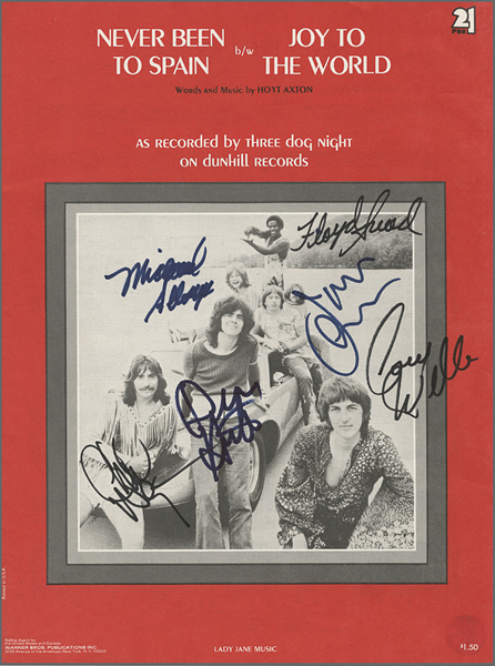 Three Dog Night Signed "Joy To The World" Sheet Music