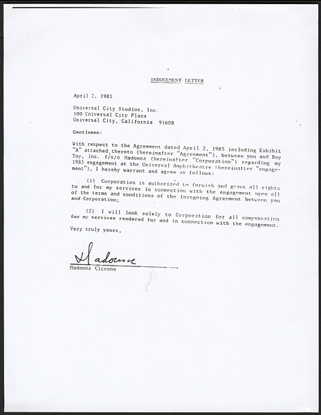 Lot Detail - Madonna Signed 1985 Performance Contract Letter