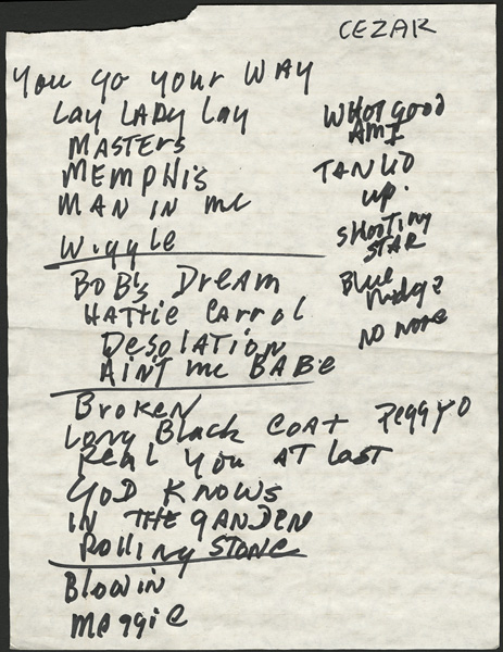 Bob Dylan Handwritten Set List