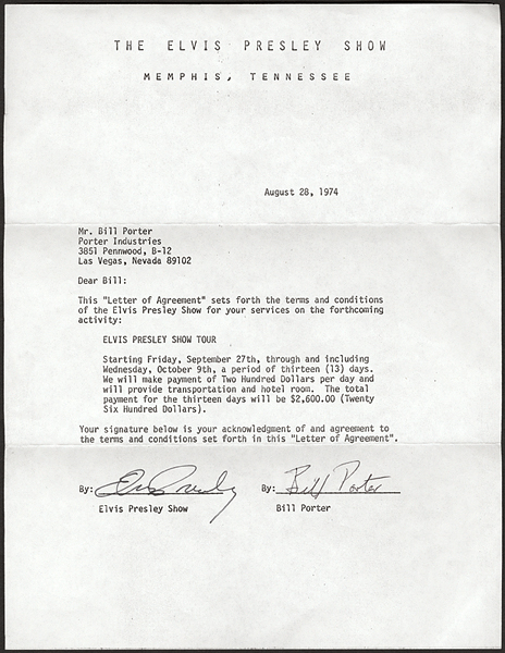 THE BILL PORTER COLLECTION: Elvis Presley 1974 Signed Letter Of Agreement