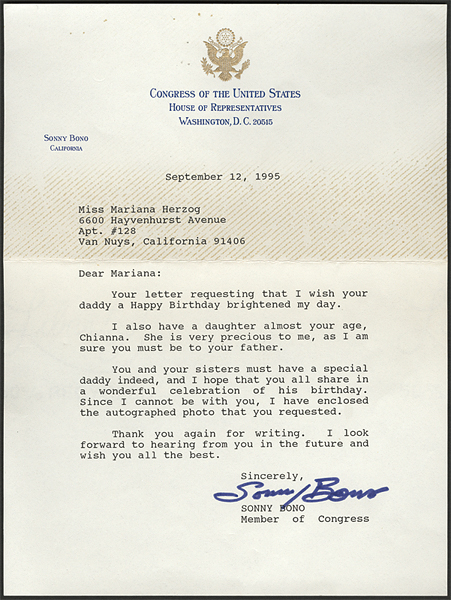 Sonny Bono 1995 Signed Congressional Letter