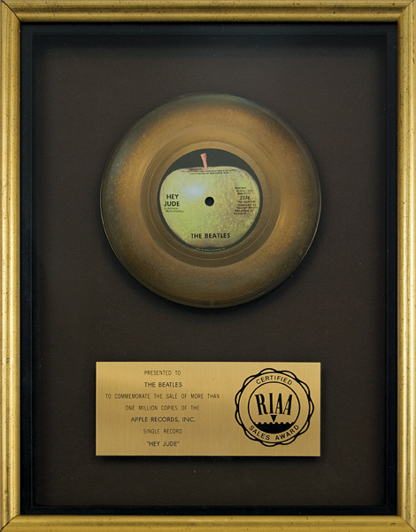 The Beatles "Hey Jude" RIAA Gold Single Record Award